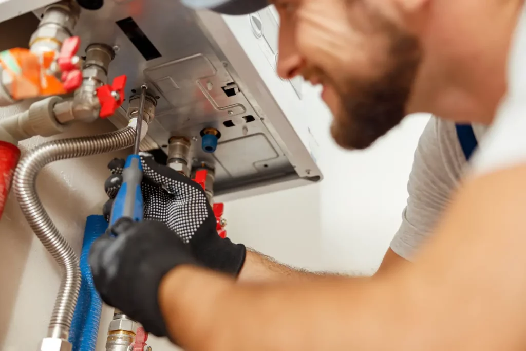 Using tools to open panel on hot water heater. 